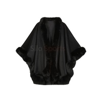Cape longue en cachemire et laine noire pour femme, finition OEM, douce, avec bordure en fourrure de renard, épaisse, faible MOQ, mode hiver chauffante