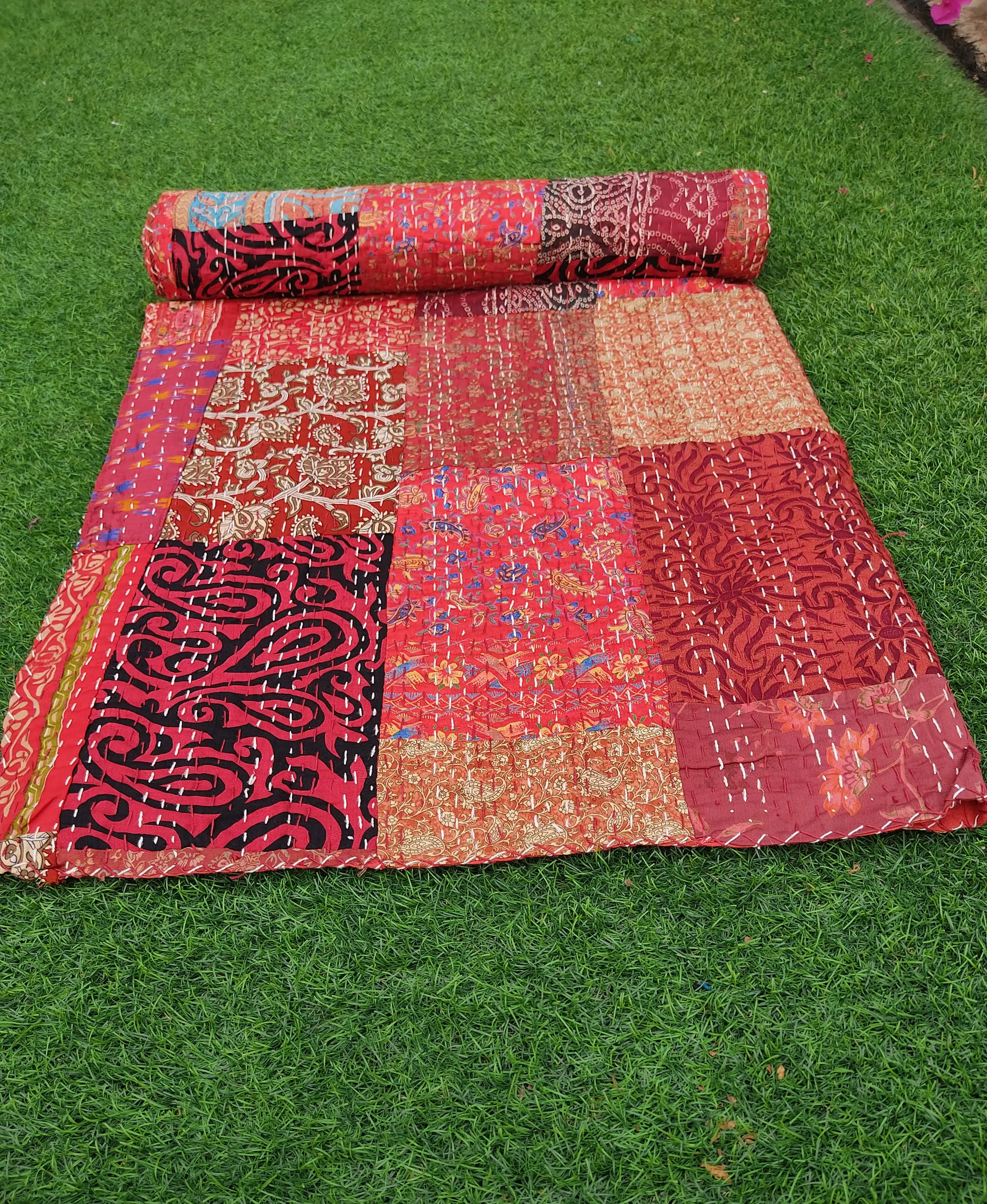 Домашний декор, винтажное Шелковое Сари ручной работы, лоскутное одеяло Kantha, двустороннее одеяло ручной работы