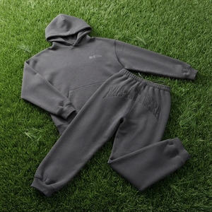 Ensemble de survêtement en molleton gris anthracite pour femme, sweat-shirt à capuche et pantalon de jogging à jambes larges, motif ton sur ton, vêtements de sport décontractés - Product Image 5