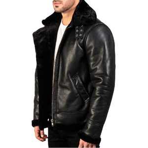 Veste pour homme en cuir de mouton véritable, veste en peau de mouton de qualité supérieure avec fourrure noire pour homme, col à boucle, design élégant - Product Image 3