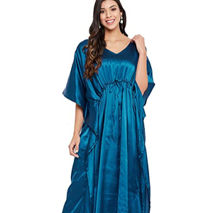 Mostly Trending Designer Long Blue Color Riara Women Satin Solid Maxi Nighty Casual Western <b>Dresses</b> for Wearing in Unique Style - Product Image 1