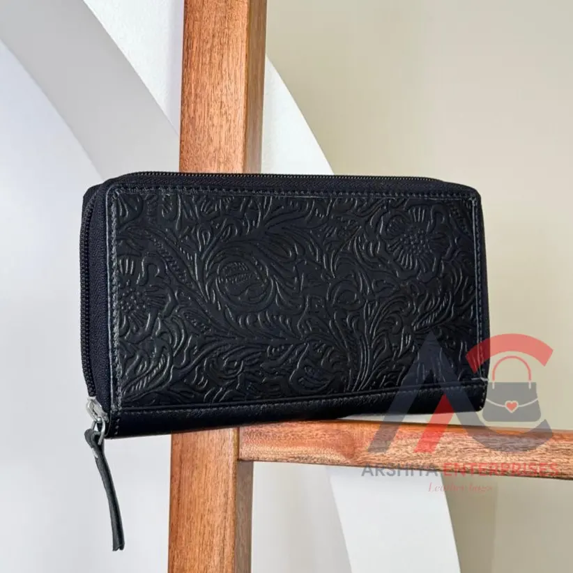Dompet wanita kulit ukir buatan tangan baru Dompet ritsleting kulit sapi metalik hadiah untuk wanita dompet kulit barat Boho