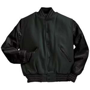 Chaqueta universitaria para hombre de alta calidad 2025 con bombardero de cuero de béisbol negro bordado con diseño OEM de manga de lona - Product Image 1