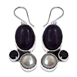 Boucles d'oreilles pendantes vintage pour femmes en argent 925 avec charoïte et perle, plaquées or 18 carats, pierre principale en diamant pour les mariages - Product Image 1