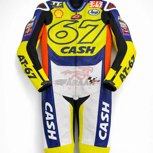 Combinaison de moto professionnelle en cuir jaune et bleu, sur mesure avec logo, confortable et au design moto. - Product Image 1