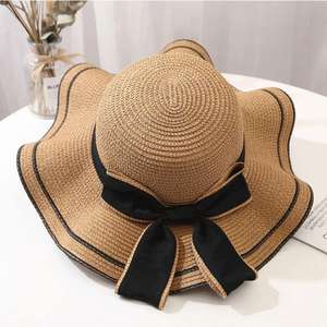 Wide-brimmed Straw Hat with a Feminine <b>Thick</b> <b>Ribbon</b> Bow, Good Sun protection for Women When Traveling/going to the Beach - Product Image 3