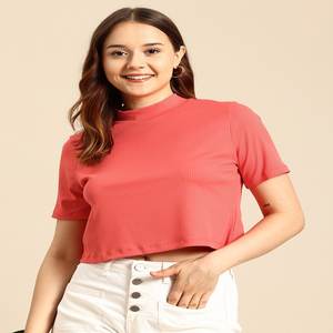 Camiseta cuadrada de cuello alto liso con estampado de verano informal de media manga transpirable Spandex y rayón con ajuste y longitud regulares - Product Image 1