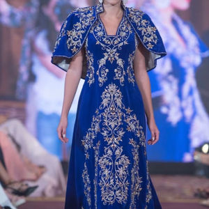 2025 @ Trendy & Beautiful robe de soirée caftan bleu royal ornée de perles de verre en cristal, de perles de pierres et de travaux manuels Dabka - Product Image 1