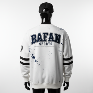 320 GSM Heavy Cotton Fleece Premium Quality White <b>Navy</b> Splatter Design Sleeve Stripe Custom Logo Basics <b>Sweatshirts</b> - Product Image 2