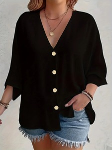 Camiseta de Talla Grande para Mujer, Cuello en V, Color Sólido, 100% Algodón, Material Transpirable para Viajes de Primavera/Verano, Ropa Casual - Product Image 6