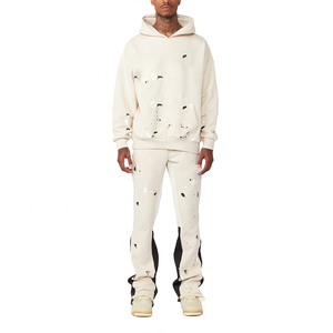 Custom Men's French Terry Sweatsuit Jogger Sets Distressed Patch <b>Applique</b> Raw Hem Flared Sweatpants Hoodie Rhinestone Plus Size - Product Image 3