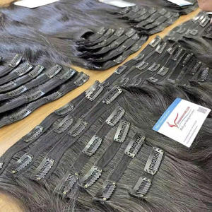 Clip droit et ondulé de haute qualité en couleur noire Salon Extensions de cheveux vietnamiens Cheveux humains Style soyeux prêt à expédier - Product Image 1