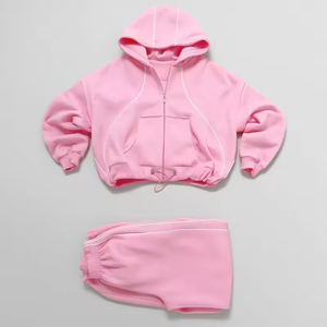 Ensemble survêtement personnalisé rose 100% coton molletonné avec fermeture éclair intégrale pour femmes, pantalon de survêtement ample et ample avec épaules tombantes - Product Image 4