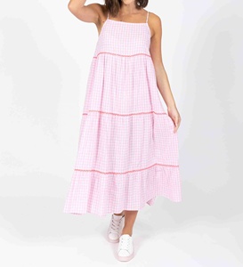 Sexy Women's Maxi Dress Sleeveless Short <b>Spaghetti</b> <b>Strap</b> Lace Trim Tiered Contrast Check Print 100% Cotton A-Line ODM for 4 - Product Image 5