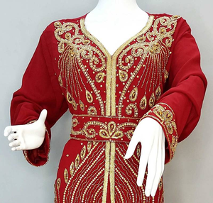 Hijab a prueba de Sol de caftán Georgette rojo marroquí lujoso de alta calidad con cuello alto y diseño bordado de manga completa para musulmanes - Product Image 4