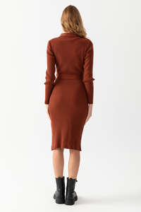 Robe en velours côtelé décontractée pour femmes, confortable et élégante, col polo, manches en tricot, décoration à motif de tour de taille naturel - Product Image 6