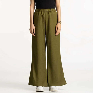 Women High Waist Wide Leg <b>Pants</b> Solid Color Elastic Waist Full Length Crepe Casual Autumn Loose Fit Breathable Woven Fabric - Product Image 1