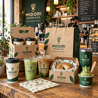 AT PACK Fournitures personnalisées pour la boutique de matcha avec gobelets en papier personnalisés, sacs à emporter, porte-boissons, boîtes d'emballage et accessoires de café