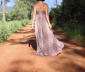 Adult Plus Size <b>A</b>-<b>Line</b> Powder Pink <b>Patterned</b> Polyester/Cotton Bohemian V-neck <b>Dress</b> Breathable Sustainable Short Tassel Front - Product Image 3