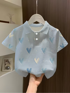 Camiseta Infantil para el Día de San Valentín, Divertida y Moderna con Estampado de Corazón, Cuello Camisero, Manga Corta, Polo para Niños y Niñas, 100% Algodón - Product Image 6