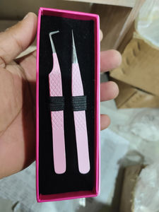 Pink Curvedd Pointed Stainless Steel Lash <b>Tweezers</b> with Fiber Tip for Eyelash Extensions - Product Image 4