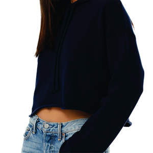 Sudadera con capucha de lana recortada para mujer Dobladillo crudo Hombro caído 52% Airlume Peinado y algodón hilado en anillo 48% Poly Navy Pullover Style - Product Image 5