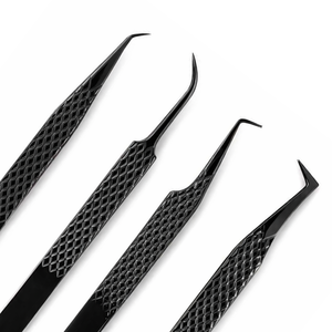 Ensemble de 4 pinces à cils professionnelles, kit d'extension de cils, pinces courbées, angulées, de précision, en acier inoxydable, antidérapantes - Product Image 1