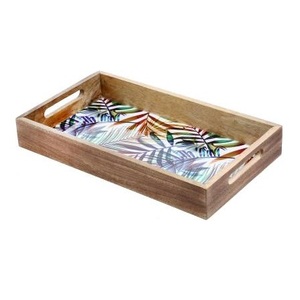 Fabricant de plateau en bois de manguier imprimé floral Plateau de service en bois imprimé en émail personnalisé Exportateur d'Inde - Product Image 5
