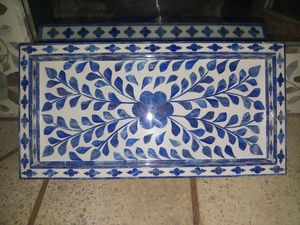 Mini plateau de service floral élégant Plateau en bois décoratif complexe avec incrustation d'os bleu Design Maison Taille personnalisée Bois de résine - Product Image 2