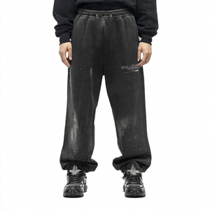 Pantalons de survêtement vintage pour hommes, jambe droite, délavés, style personnalisé, nouveau style, imprimé par pulvérisation, strass, décontracté, hip-hop, en molleton - Product Image 6