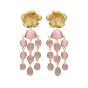 ชุดต่างหูระย้าควอทซ์สีชมพูมีสไตล์ชุดต่างหูสตั๊ดรูปดอกไม้สีทอง - Product Image 1