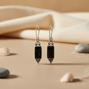 Boucles d'oreilles pendantes en argent 925 pour femmes, onyx noir, plaqué or, avec perle et diamant pour mariage - Product Image 1