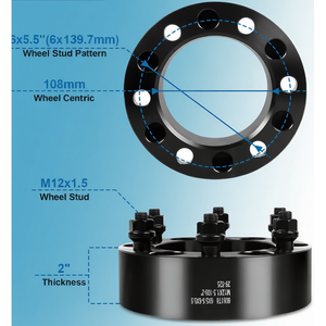 Entretoises de roue forgées 2'' 6x5.5 à 6 trous 6x139.7mm avec trou de moyeu de 108mm, écrous de roue filetés 12x1.5, adaptateur de roue 20mm, lot de 4 - Product Image 1