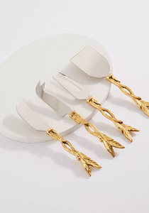 Ensemble de fromages au design oiseau et fleur en finition dorée 1 couteau, 1 spatule plate, 1 spatule incurvée - Product Image 5