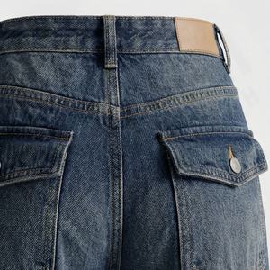 Custom <b>Women</b> <b>Vintage</b> Acid Wash Cargo Denim <b>Jeans</b> High Waist Zipper Fly Loose Fit 100% Cotton Flat Front Style Fashion Trousers - Product Image 5