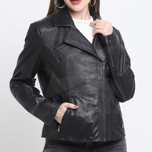 Veste en cuir véritable pour femmes de couleur unie avec col rabattu Caractéristique respirante pour l'hiver - Product Image 1