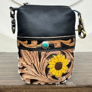 Best Selling Luxury Hand Tooled Cow Leather Waist <b>Bag</b> with Sunflower Design & Turquoise Stone Accent Western <b>Purse</b> for Women's - Product Image 1