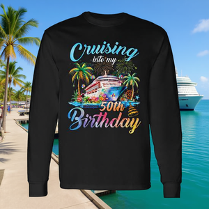 T-shirt a maniche lunghe da uomo per il 50° compleanno a tema crociera in famiglia, personalizzabile, promozionale - Product Image 3