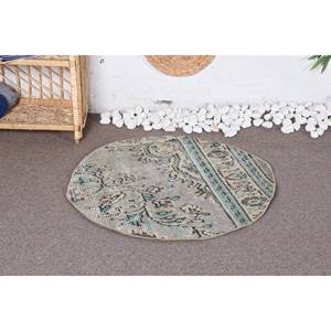 Tapis en laine patchwork vert traditionnel vintage de 2.8x2.8 pieds pour le salon ou le couloir Design Aubusson avec support en latex - Product Image 1