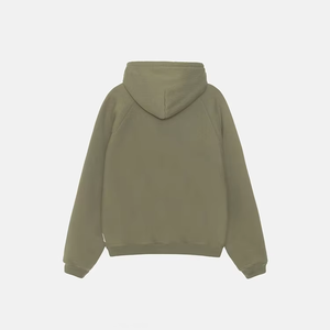 Vert Olive Hiver Full Zip Hoodie Tricoté Solide Motif Technique Lavée avec Cordon de Serrage - Product Image 2