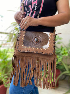 Bolsos con flecos de cuero de gamuza de piel de vaca de pelo Real de alta calidad Premium, bolsos bohemios de vaquera de cuero genuino occidental - Product Image 2