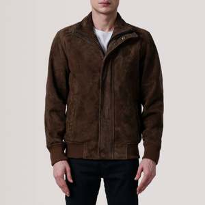 Lester Brown <b>Suede</b> Bomber <b>Jacket</b> Casual Stand Collar with Hood High Quality PU <b>Leather</b> Zippered Closure Embroidered Pattern - Product Image 3