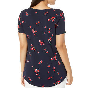 Top tipo túnica con cuello en V floral azul marino para mujer, camisetas de manga corta holgadas informales de punto suave para mujer, ropa de verano - Product Image 3
