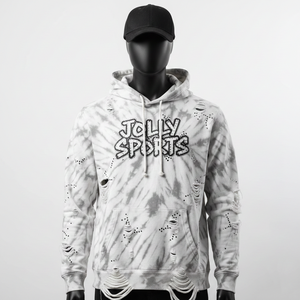 350 GSM Premium <b>Men</b> <b>Tie</b> Dye Hoodie Soft Cotton Fabric <b>Black</b> Grey Distressed Holes Custom Logo Stud Basics Hoodie - Product Image 1