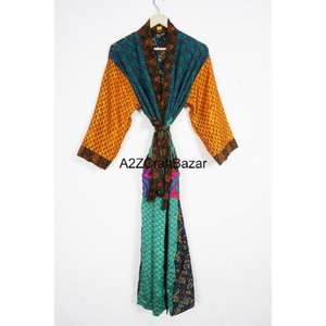 Handmade Boho Style Women's 100% Silk Luxury <b>Kimono</b> <b>Robe</b> Patchwork Design Drawstring Closure Full Length <b>Long</b> Soft Breathable - Product Image 6