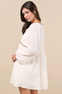 Luxueux Viscose Maxi Shift Dress 3D Brodé Ballon Manches Cravate-Front Keyhole Plaine Teint Taille Naturelle Écologique - Product Image 2