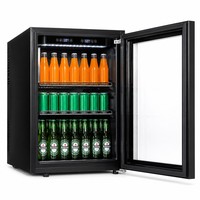 Réfrigérateur minibar à double zone de température pour hôtel, avec porte en verre trempé, adapté au réfrigération des boissons.