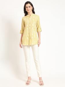 Women Office Lady Top Yellow regular shirt style top Floral Office Wear Rayon Ladies Shirt Button Front Open Mandarin <b>collar</b> - Product Image 2
