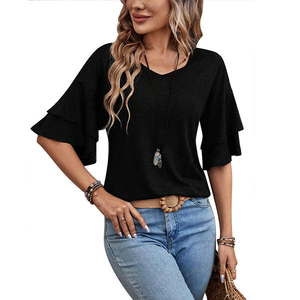 Camiseta de Verano Casual para Mujer, Cuello en V, Manga Doble, Estilo Jersey, Seda/Algodón, Transpirable, Antiarrugas, Diseño Liso - Product Image 6