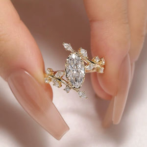 Marquise Cut 12x6 Moissanite Anillo de compromiso Diseño de hoja Oro Plata Unique Womens Wedding Fine Jewelry OEM - Product Image 1
